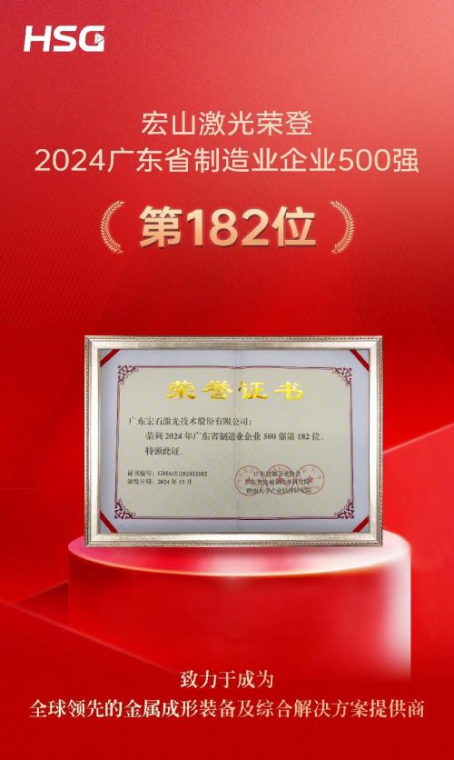 创新驱动智造未来！宏山激光入围2024广东省制造业企业500强